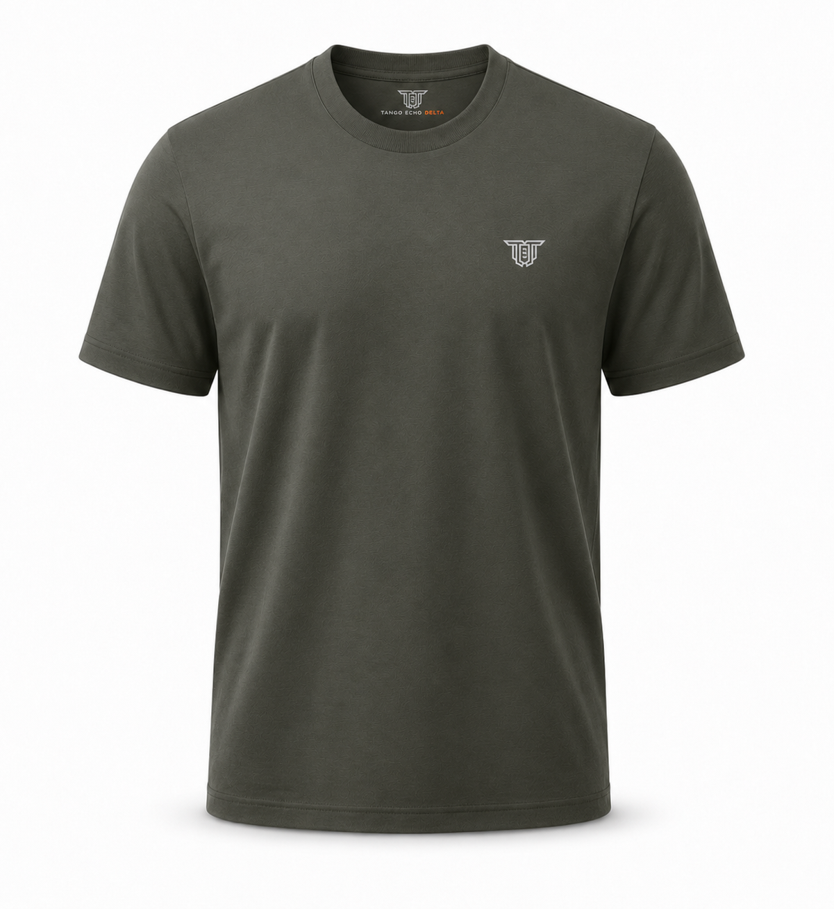 Khaki organic cotton t-shirt with embroidered grey Tango Echo Delta monogram