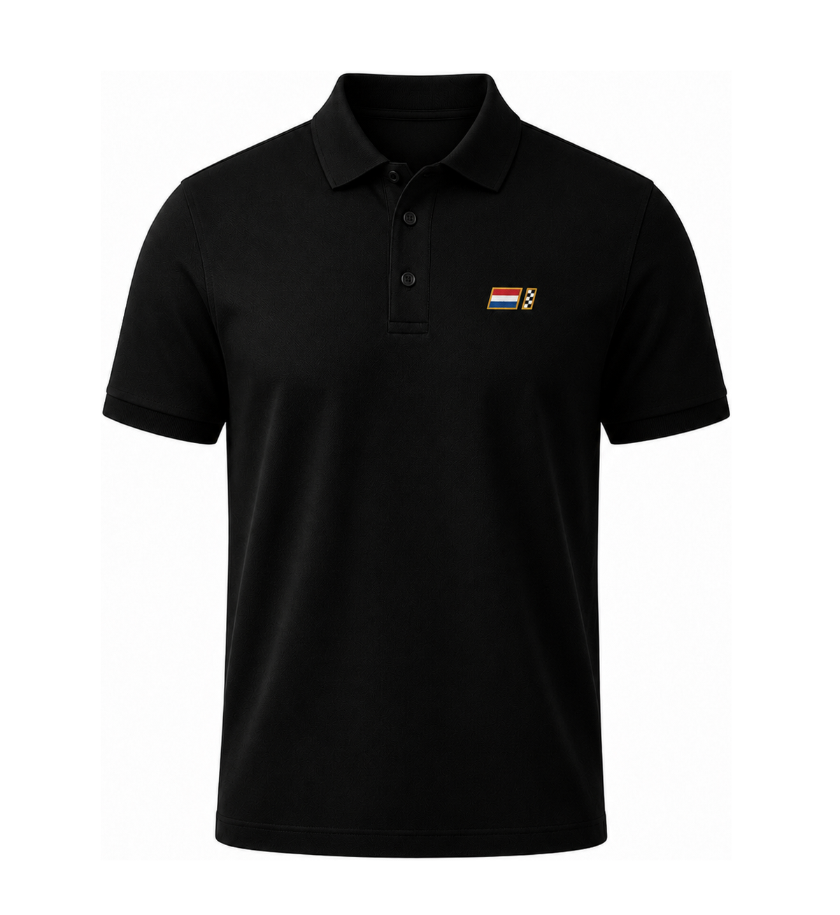 Black organic cotton polo with embroidered Dutch heritage racing badge