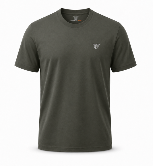 Khaki organic cotton t-shirt with embroidered grey Tango Echo Delta monogram