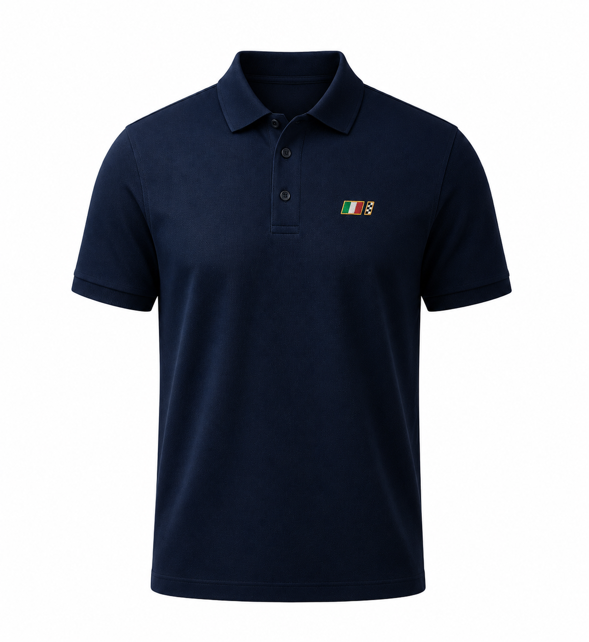Navy organic cotton polo with embroidered Italian heritage racing badge