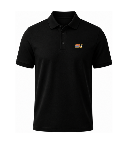 Black organic cotton polo with embroidered Dutch heritage racing badge